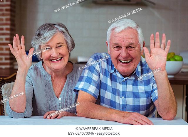 Happy senior couple waving hands