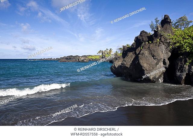 Black Sand Beach at Waianapanapa State Park on Road to Hana, Maui, Hawaii, USA