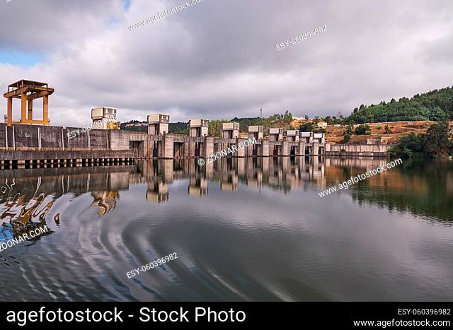 Crestuma - Lever Dam - concrete gravity dam on the Douro River with a lock for Cruise Boats - Vila Nova de Gaia, Portugal
