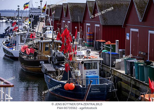 Trawlers lie at anchor in the small harbour of Weisse Wiek in Boltenhagen, Germany, 20 April 2017. Photo: Jens Büttner/dpa-Zentralbild/ZB | usage worldwide