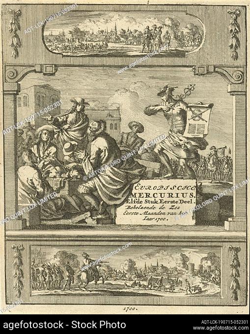 Mercury points six gentlemen to a news print Title page for: European Mercury, Eleventh Piece, First Part: Embracing the ses First Maiden of the Jaer 1700