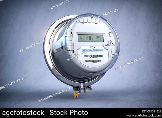 Digital electric meter with lcd screen on grey dirty background. Electricity consumption concept. 3d illustration
