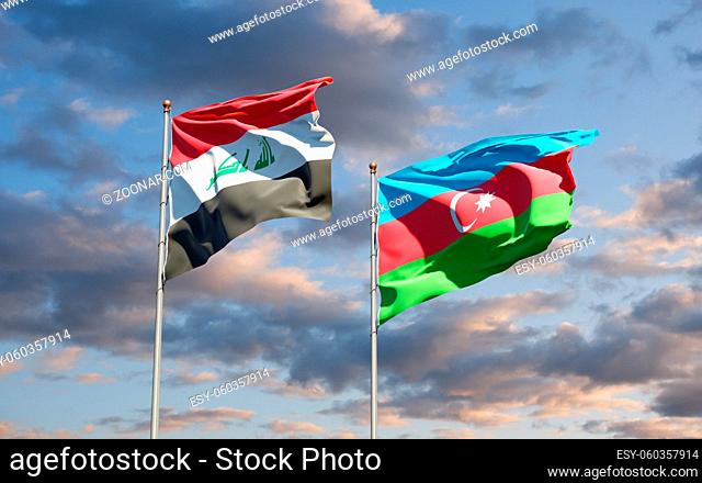 Beautiful national state flags of Iraq and Azerbaijan together at the sky background. 3D artwork concept