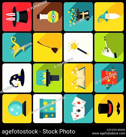 Magic icons set in flat style. Magic tricks set collection vector illustration