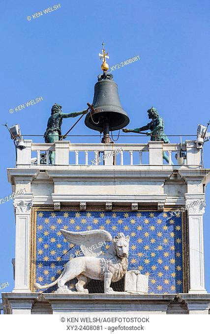 Venice, Venice Province, Veneto, Italy. Torre dell'Orologio, or the Clock Tower, in Piazza San Marco. The tower dates from the 1490's