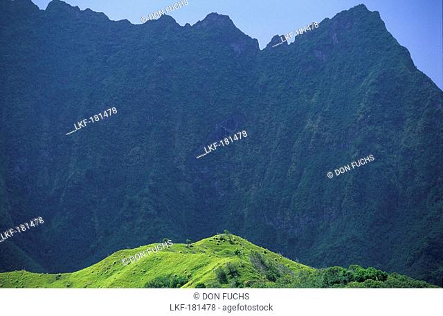Mountains and hills in the wild interior of the island of Fatu Iva, French Polynesia