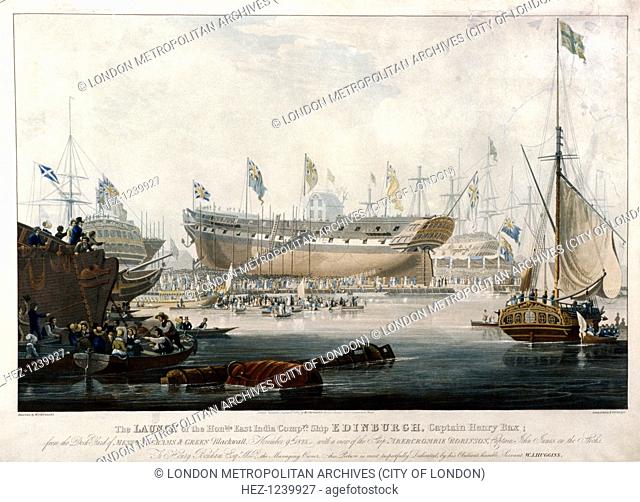 Launch of the East India Company's ship, the 'Edinburgh' in 1825, (1827). The launch took place at the East India Docks