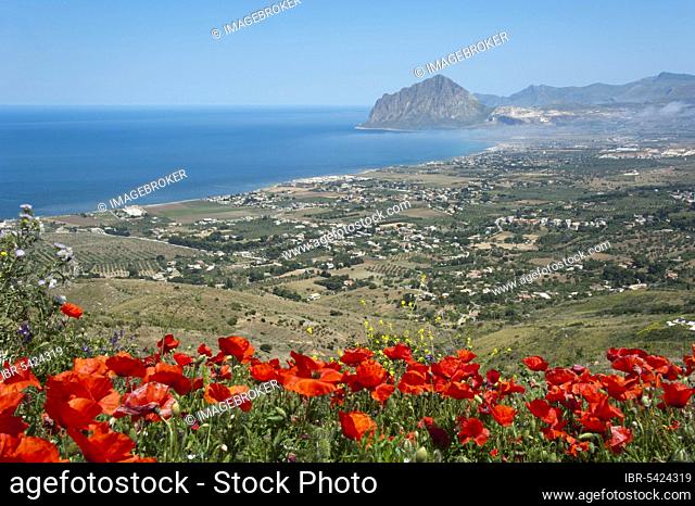 Golfo di Bonnagia bay and Monte Cofano mountain, view from Erice, Sicily, Italy, Europe