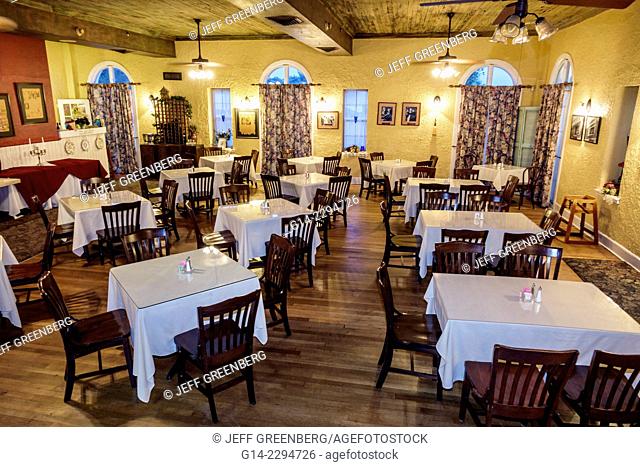 Florida, Indiantown, Seminole Country Inn, Mission Revival, historic, hotel, restaurant, dining room, tables, empty, chairs