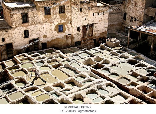 View at a tannery at Chouwara district at the medina of Fes, Morocco, Africa