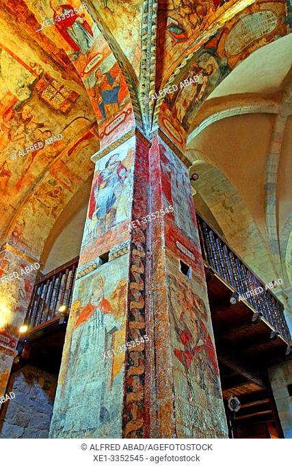 restored polychromies of the church of Sant Andreu, Salardú, Val d'Aran, Catalonia, Spain