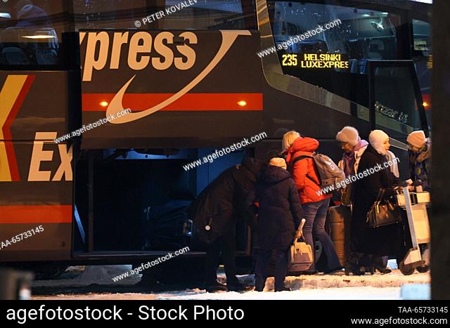 RUSSIA, ST PETERSBURG - DECEMBER 13, 2023: A Helsinki-bound bus operated by Ecolines is seen at a bus station before its departure
