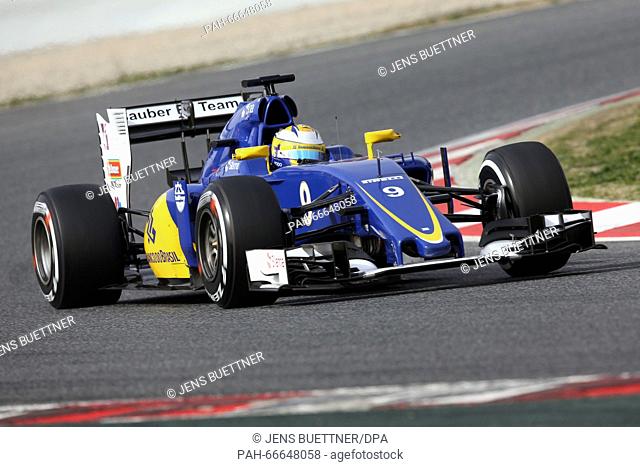 Swedish Formula One driver Marcus Ericsson of Sauber steers the new car C35 during a training session for the upcoming Formula One season at the Circuit de...