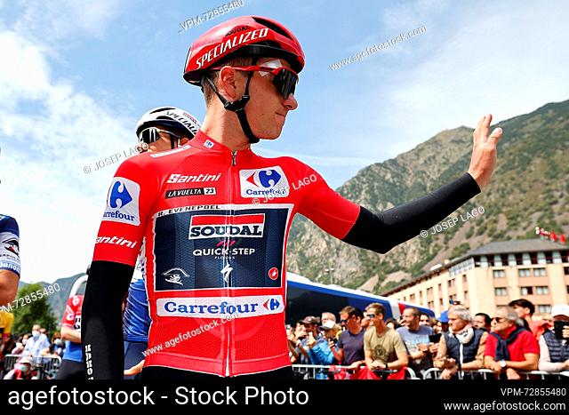 Belgian Remco Evenepoel of Soudal Quick-Step, wearing the red jersey of the leader in the general ranking, pictured at the start of stage 4 of the 2023 edition...
