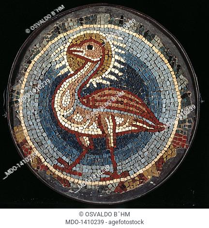 Phoenix (Fenice), 13th Century, polychrome mosaic. Italy, Latium, Rome, Rome's Museum. Whole artwork view. Round mosaic made of polychrome tesserae depicting a...