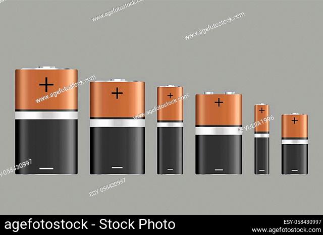 Vector battery, different size, isolated on gray background. Battery sizes or styles, various electronic industrial devices