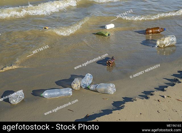 DANUBE DELTA, VYLKOVE, ODESSA OBLAST, UKRAINE - JULY 11-15, 2020: Plastic pollution in Danube Biosphere Reserve. Plastic and other garbage from all over Europe...