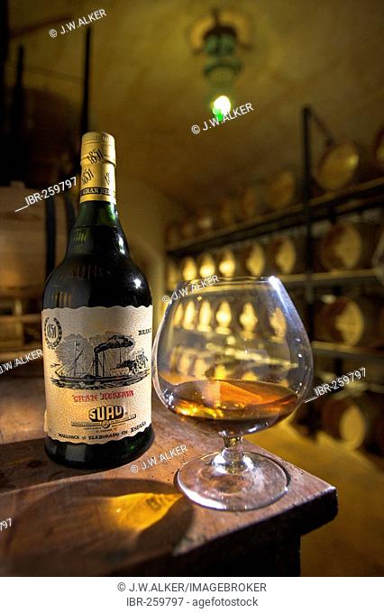 Brandy bottle with a cognac glass, Brandy cellar of the Bodega Suau on Majorca, Spain