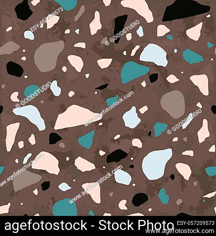 Terrazzo seamless pattern with stone or rock crumbs. Natural backdrop with mineral pieces scattered on brown background. Stylish vector illustration for...