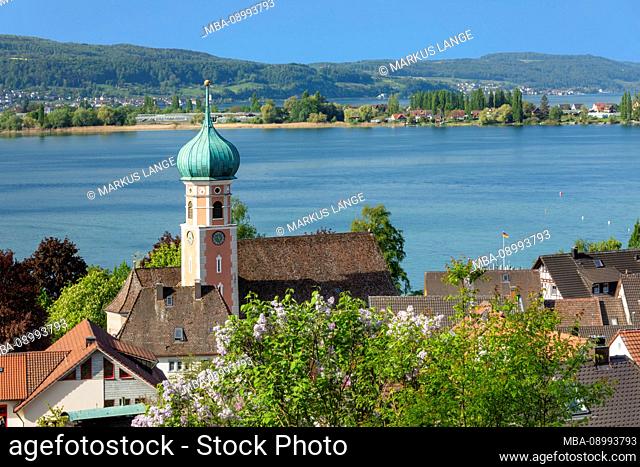 View over Allensbach to the island Reichenau, Lake Constance, Baden-Wurttemberg, Germany