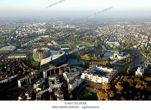 France, Bas Rhin, Strasbourg, European district with the European Council, the European Parlement and the European Court of Human Rights (aerial view)