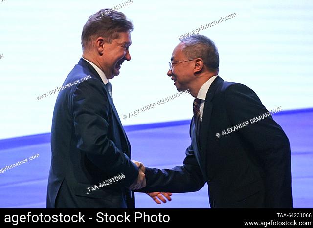 RUSSIA, ST PETERSBURG - NOVEMBER 1, 2023: Gazprom Management Board Chairman Alexei Miller (L) and China National Petroleum Corporation Vice President Xie Jun...