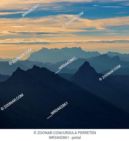 Picturesque morning scene in the Swiss Alps. View from Mount Rigi. Outlines of Mount Grosser Mythen and other mountains