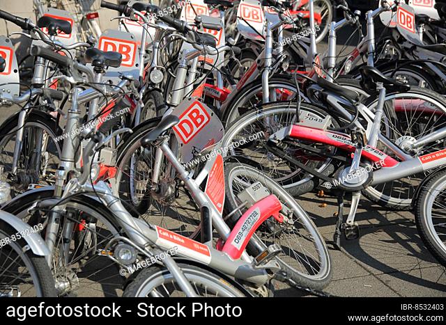 DB bikes at parking space, car park, pile, bike, rental bikes, bike rental, mess, chaos, lying, federal railway, main station, station district, Main, Frankfurt