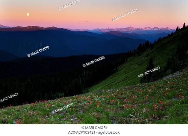 Moon rises over the Cascade Range, as viewed from the Paintbrush trail in Manning Park