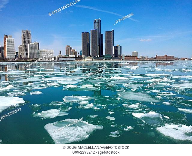 Spring ice breaking, Detroit skyline (no swimming sign, ship passing.), Windsor, Ontario, Canada