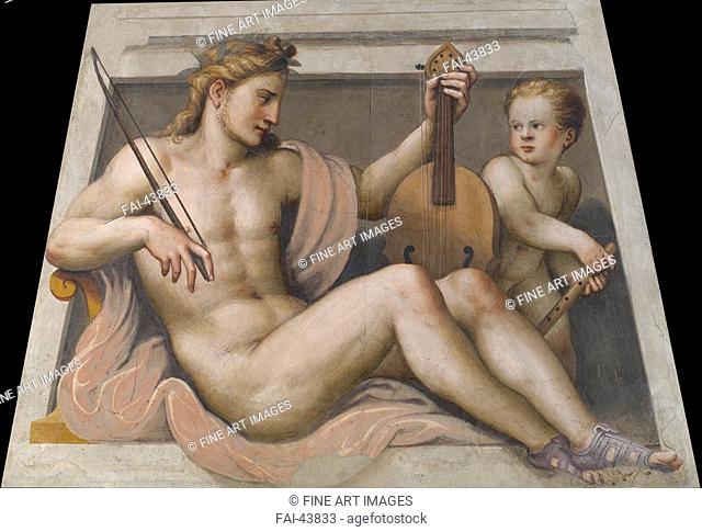 Apollo with cupid by Gambara, Lattanzio (c. 1530-1574)/Fresco/Renaissance/Italy, School of Brescia/Pinacoteca Tosio Martinengo, Brescia/155, 5x109/Music, Dance