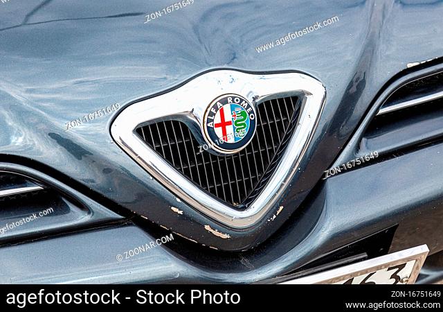 Samara, Russia - May 18, 2019: Close-up view of the logo of an Alfa Romeo on the car