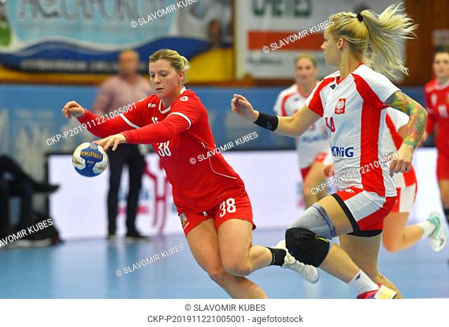 L-R Anna Frankova (CZE) and Patrycja Krolikowska (POL) in action during international tournament of Cheb City in women handball, match Czech Republic vs Poland