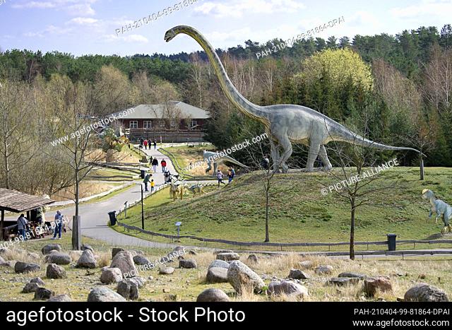 04 April 2021, Brandenburg, Oranienburg/ Ot Germendorf: Visitors to the Animal, Leisure and Prehistoric Park walk past a Mamenchisaurus in sunny spring weather