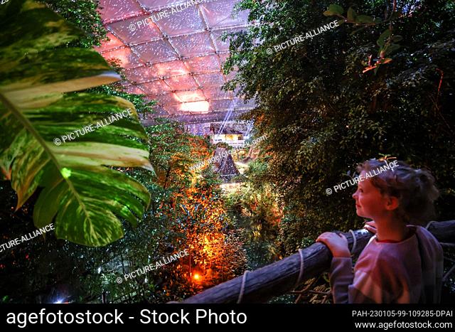 dpatop - 04 January 2023, Saxony, Leipzig: Nine-year-old Hanna marvels at the ""Magical Tropical Glow"" in Gondwanaland at Leipzig Zoo