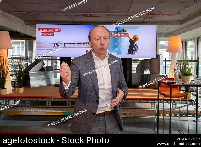 ING CEO Peter Adams pictured during a press conference to announce the 2022 year results of the ING Belgium banking group, Thursday 02 February 2023 in Brussels