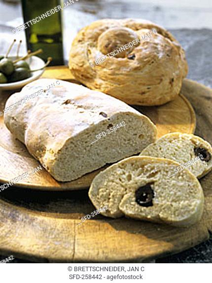 Ciabatta with olives, white bread with capers