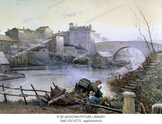 Mills on the River Tiber in Rome, by Ettore Roesler Franz (1845-1907), watercolour. Italy, 19th-20th century.  Roma, Museo Di Roma Gabinetto Comunale Delle...