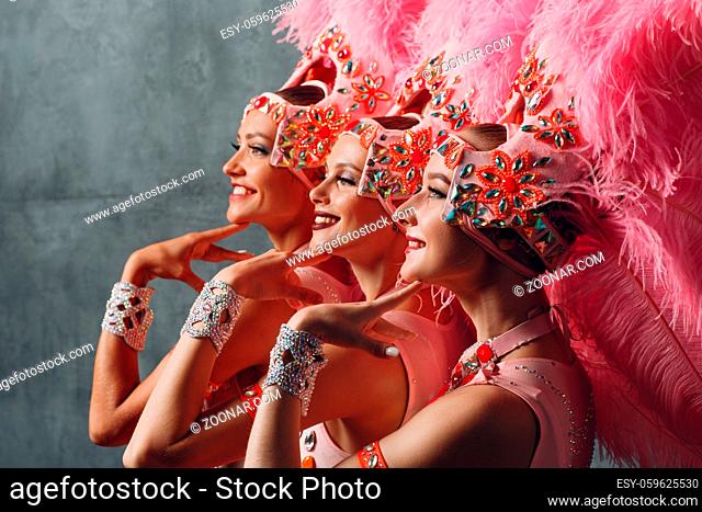 Three Women profile portrait in samba or lambada costume with pink feathers plumage