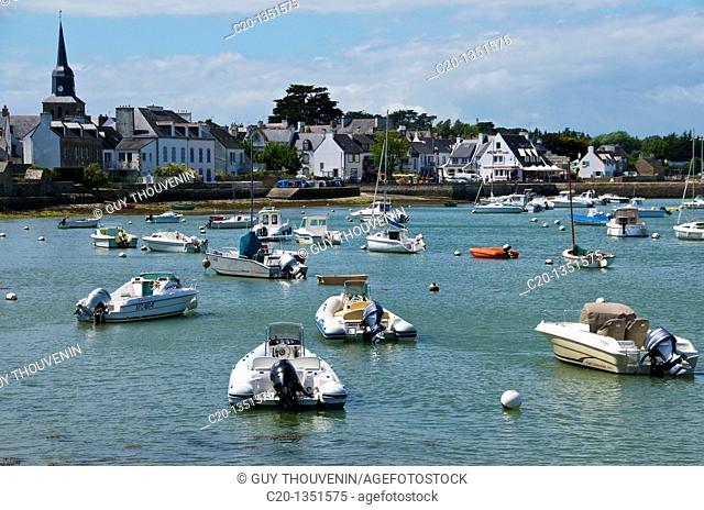 Harbour and church panorama at Locmariaquer Morbihan Brittany 56 France