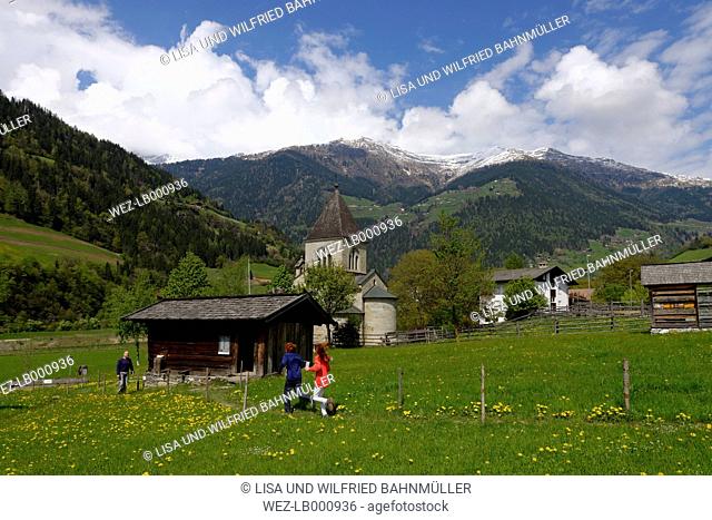 Italy, South Tyrol, Passeier valley, St. Leonhard, Open-air museum, MuseumPasseier, Father and children
