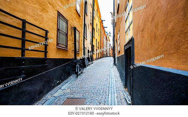 view of street Prastgatan (Priest's street) in Old Town Galma Stan in Stockholm city