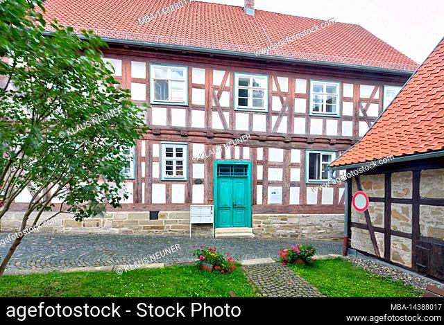 Old school, house facade, half-timbered, half-timbered house, city view, summer, Bad Rodach, Franconia, Bavaria, Germany, Europe