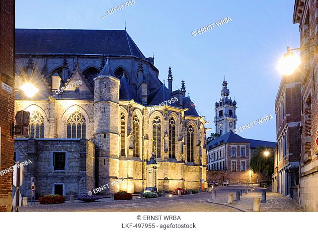 illuminated abbey church Saint Waltrude, Sainte-Waudru and bell tower, Mons, Hennegau, Wallonie, Belgium, Europe