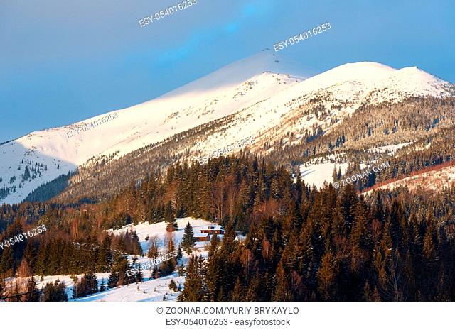 Sunrise morning winter snow covered scenery picturesque alp mountain ridge (Ukraine, Carpathian Mountains, Chornohora Range