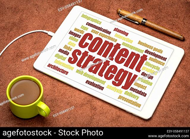 content strategy word cloud on a digital tablet with a cup of coffee, media, business and communication concept
