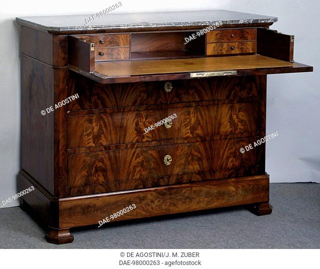 Louis Philippe style mahogany secretary commode with flamed mahogany veneer finish and Sainte-Anne gray marble top, open. France, 19th century