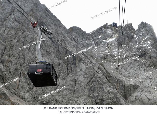 Cabin of the Zugspitzbahn on the way to the summit, Zugspitze, Zugspitzmassiv.Gipfelstation. Prime Minister Soeder invites to the annual conference of the heads...