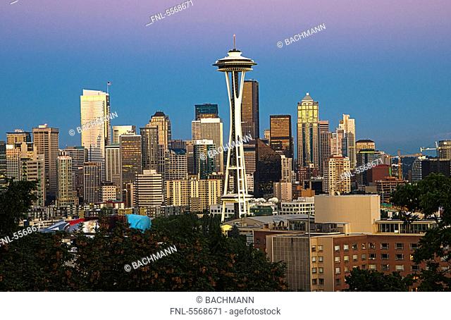 Seattle with Space Needle at sunset, Washington, USA