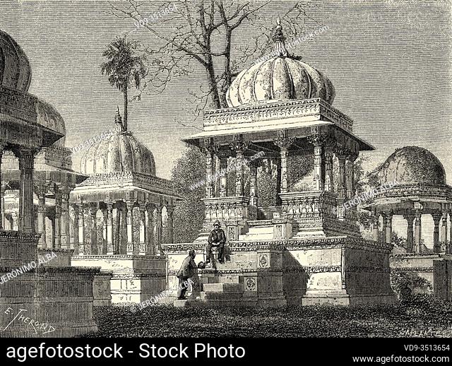 Ahar cenotaphs, tombs of the royal Mewar family, Udaipur. Rajasthan, India. Old engraving illustration Prince of Wales Albert Edward tour of India